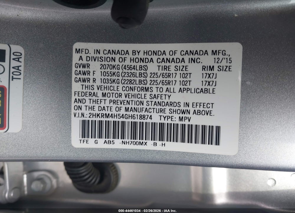 2016 HONDA CR-V EX VIN: 2HKRM4H54GH618874