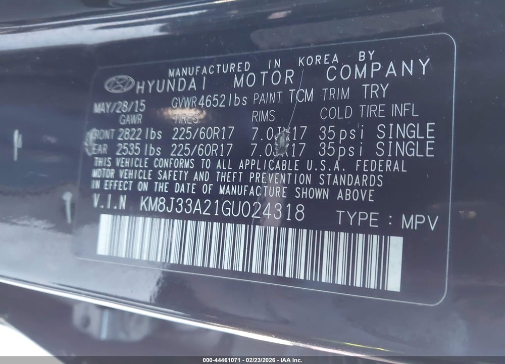 2016 HYUNDAI TUCSON ECO VIN: KM8J33A21GU024318