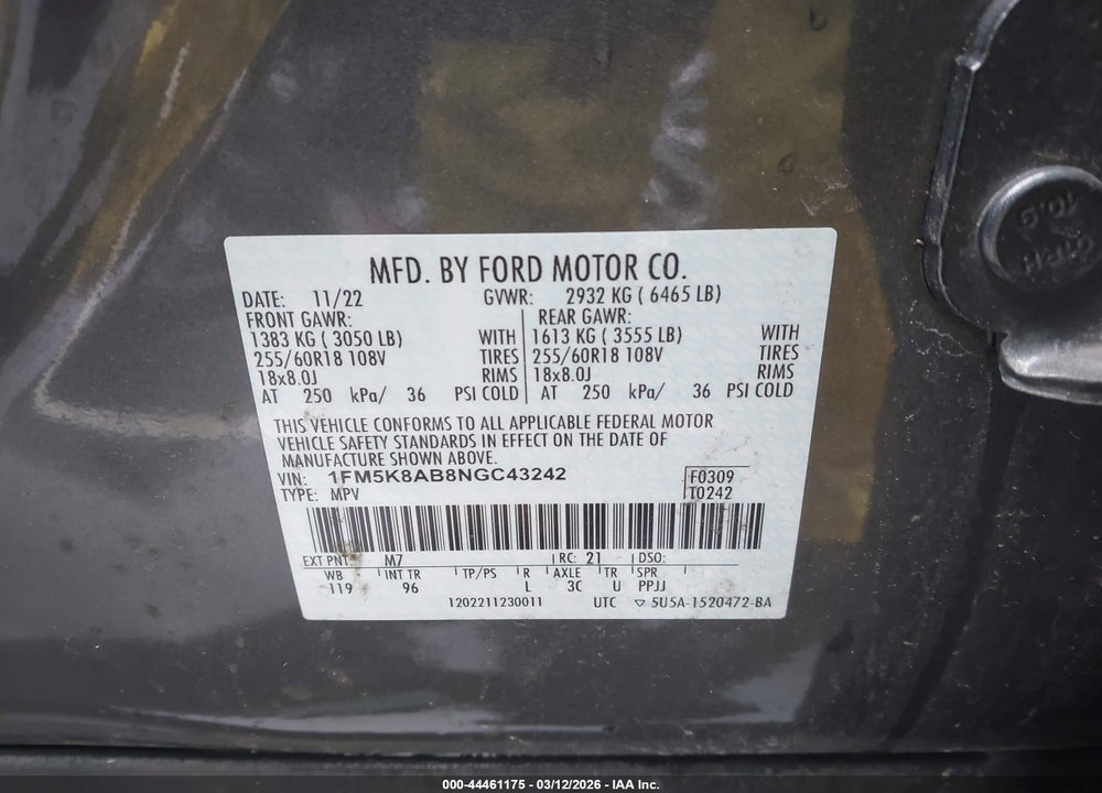 2022 FORD POLICE INTERCEPTOR UTILITY VIN: 1FM5K8AB8NGC43242