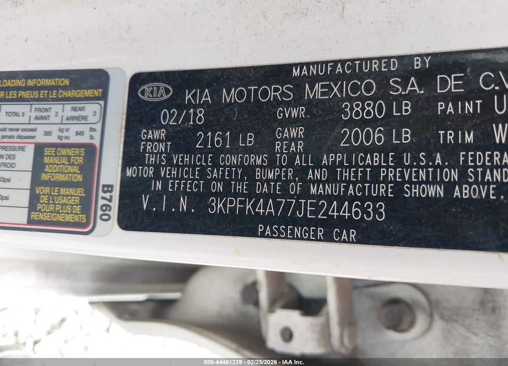 2018 KIA FORTE LX VIN: 3KPFK4A77JE244633