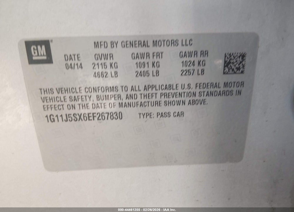 2014 CHEVROLET MALIBU 2LZ VIN: 1G11J5SX6EF267830