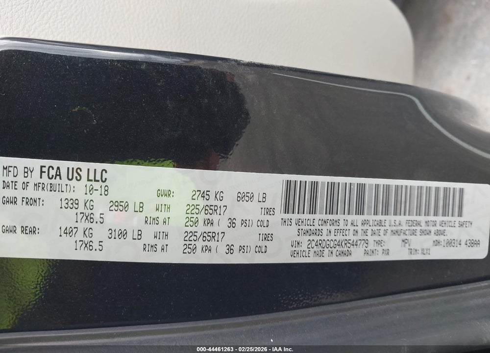 2019 DODGE GRAND CARAVAN SXT VIN: 2C4RDGCG4KR544779