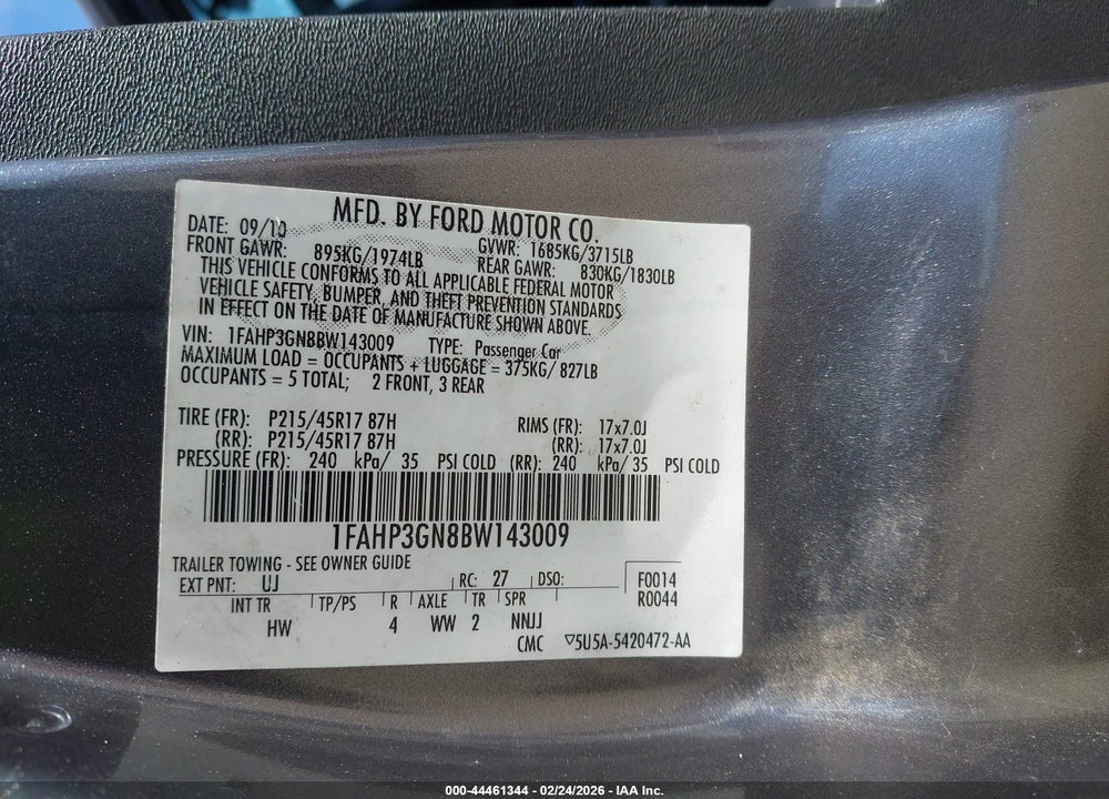 2011 FORD FOCUS SES VIN: 1FAHP3GN8BW143009