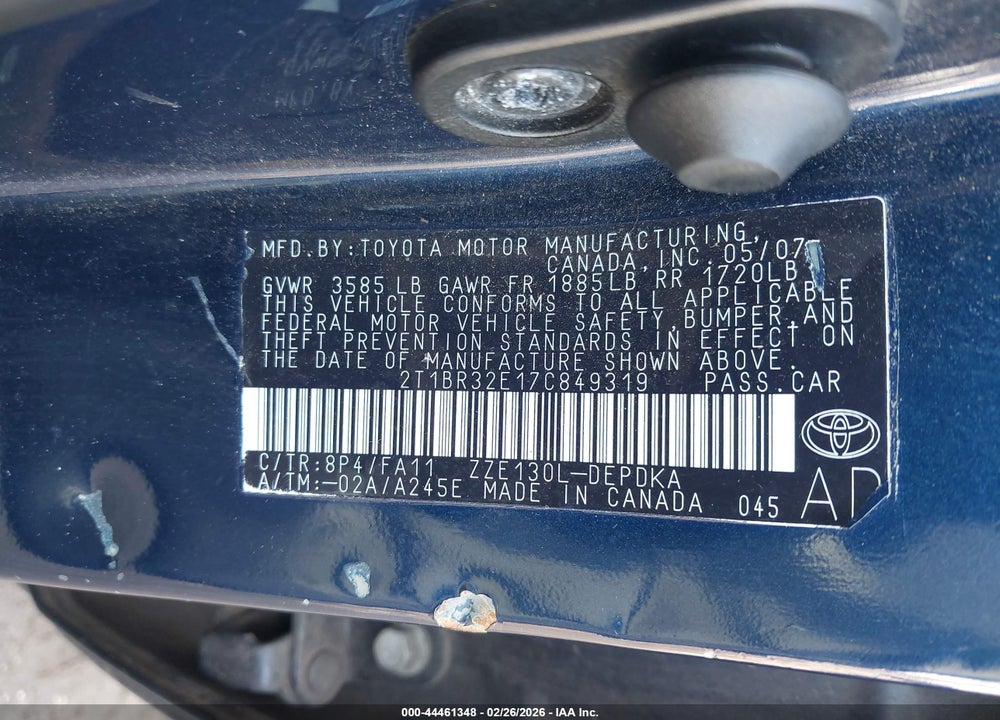 2007 TOYOTA COROLLA CE VIN: 2T1BR32E17C849319