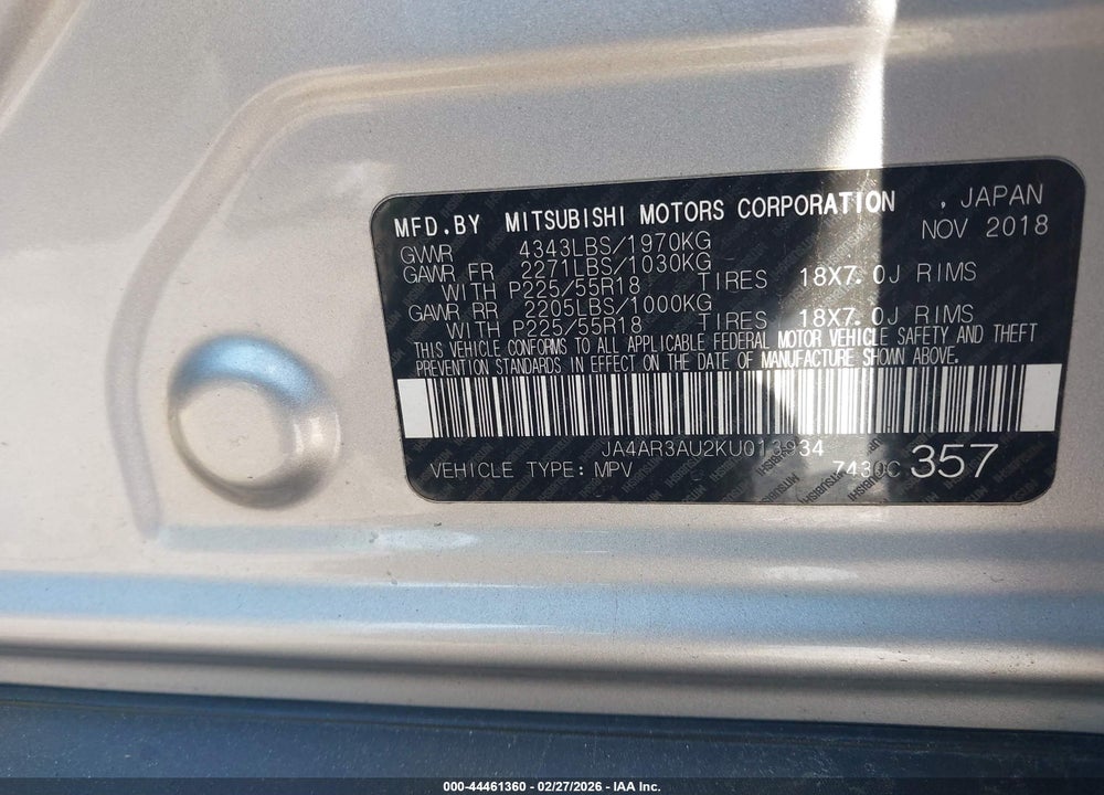 2019 MITSUBISHI OUTLANDER SPORT 2.0 SE VIN: JA4AR3AU2KU013934