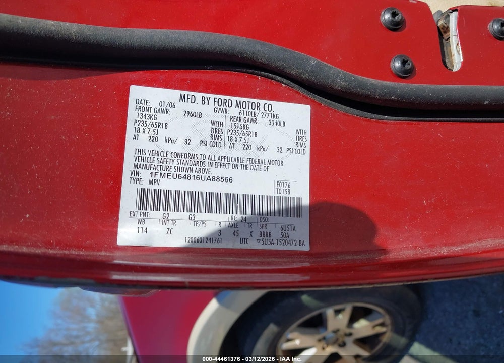 2006 FORD EXPLORER EDDIE BAUER VIN: 1FMEU64816UA88566
