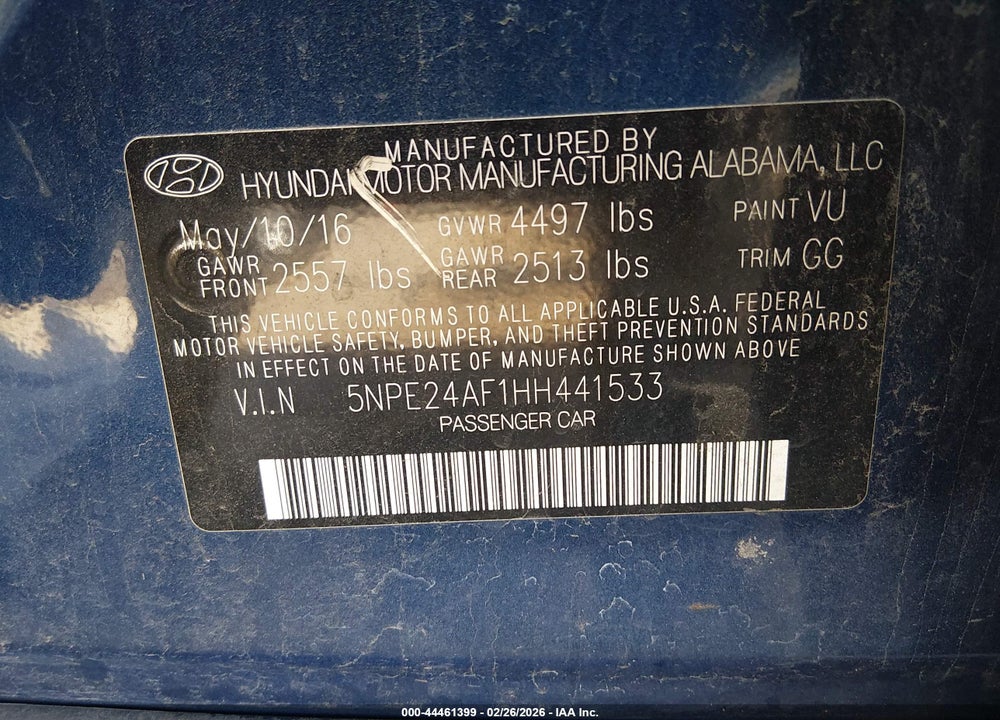 2017 HYUNDAI SONATA VIN: 5NPE24AF1HH441533