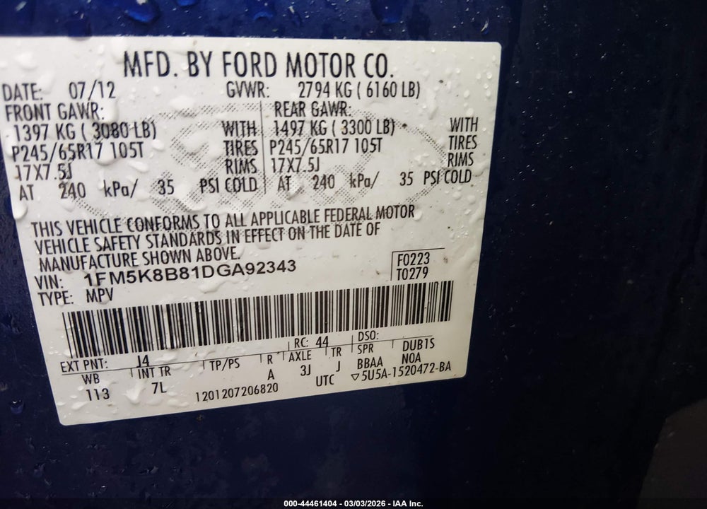 2013 FORD EXPLORER VIN: 1FM5K8B81DGA92343