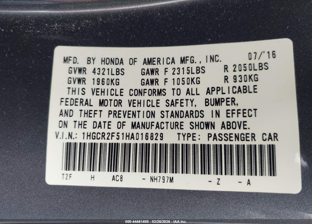 2017 HONDA ACCORD SPORT VIN: 1HGCR2F51HA016829