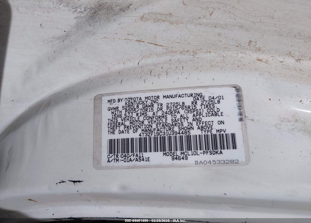 2001 TOYOTA SIENNA CE VIN: 4T3ZF19C31U394485