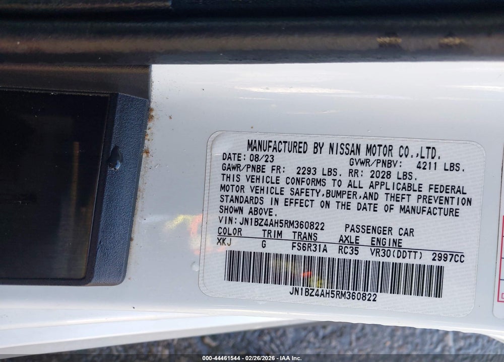 2024 NISSAN Z SPORT MANUAL VIN: JN1BZ4AH5RM360822