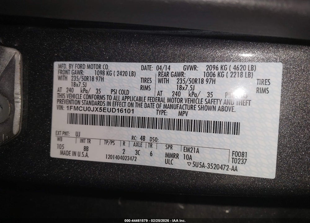 2014 FORD ESCAPE TITANIUM VIN: 1FMCU0JX5EUD16101