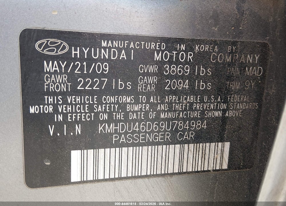 2009 HYUNDAI ELANTRA GLS VIN: KMHDU46D69U784984