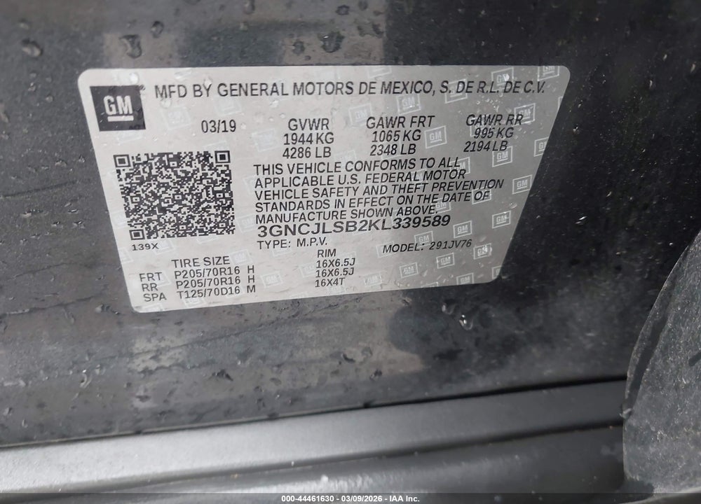 2019 CHEVROLET TRAX LT VIN: 3GNCJLSB2KL339589
