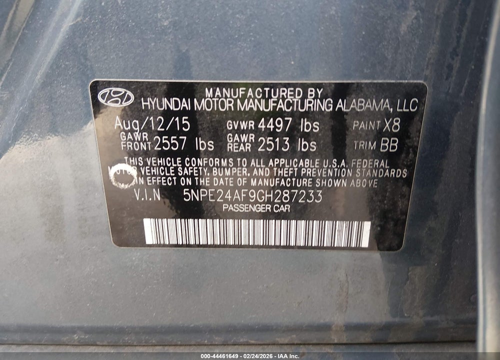 2016 HYUNDAI SONATA SE VIN: 5NPE24AF9GH287233