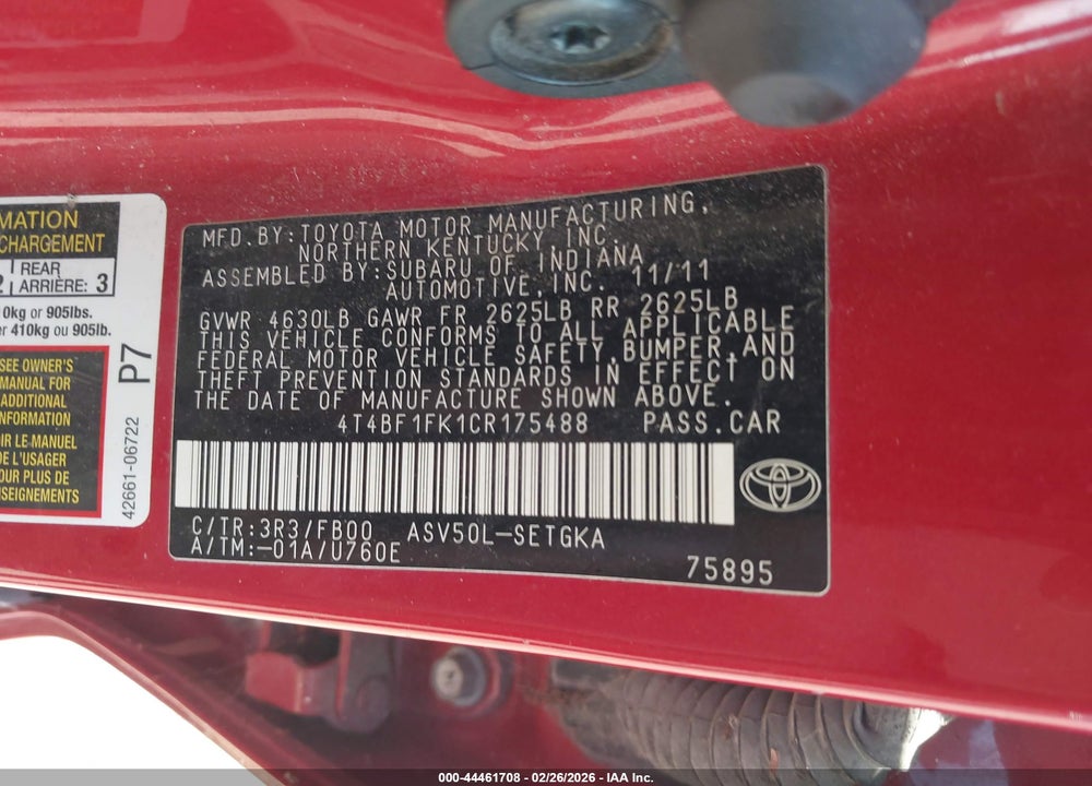 2012 TOYOTA CAMRY XLE VIN: 4T4BF1FK1CR175488