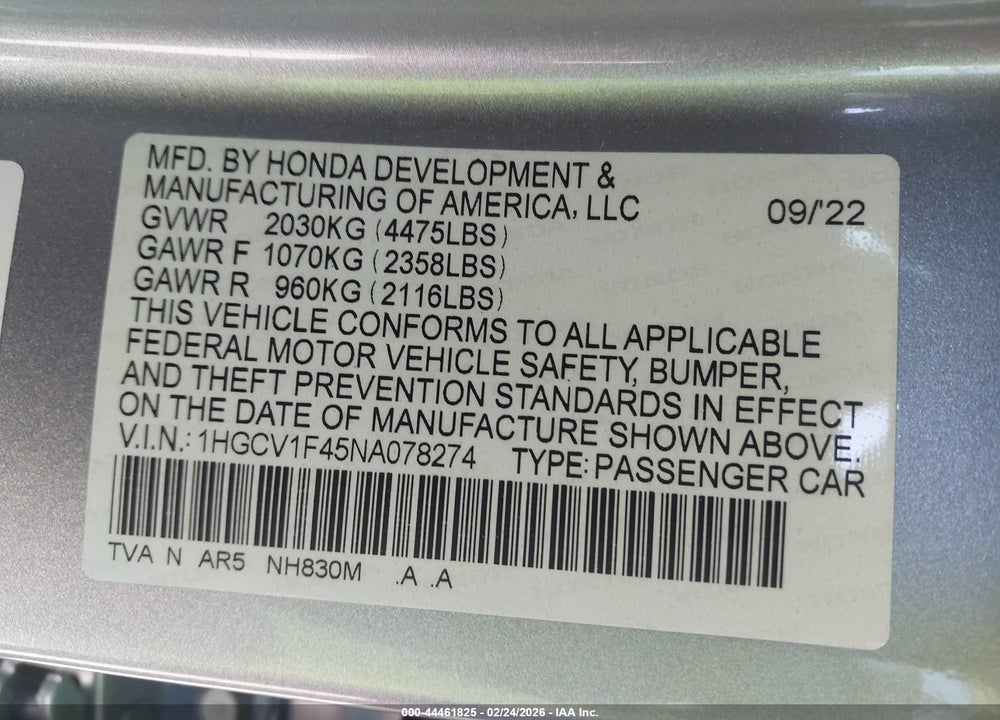 2022 HONDA ACCORD SPORT SPECIAL EDITION VIN: 1HGCV1F45NA078274