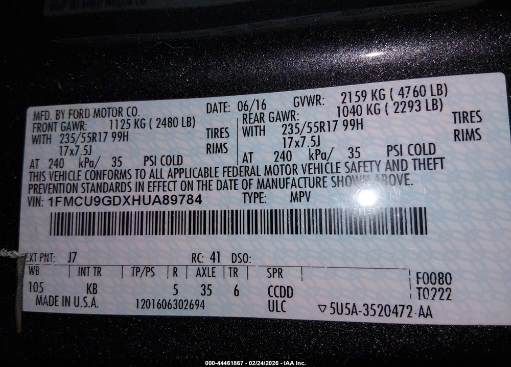 2017 FORD ESCAPE SE VIN: 1FMCU9GDXHUA89784