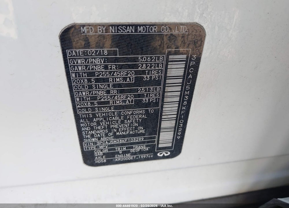 2019 INFINITI QX50 ESSENTIAL VIN: 3PCAJ5M38KF103299