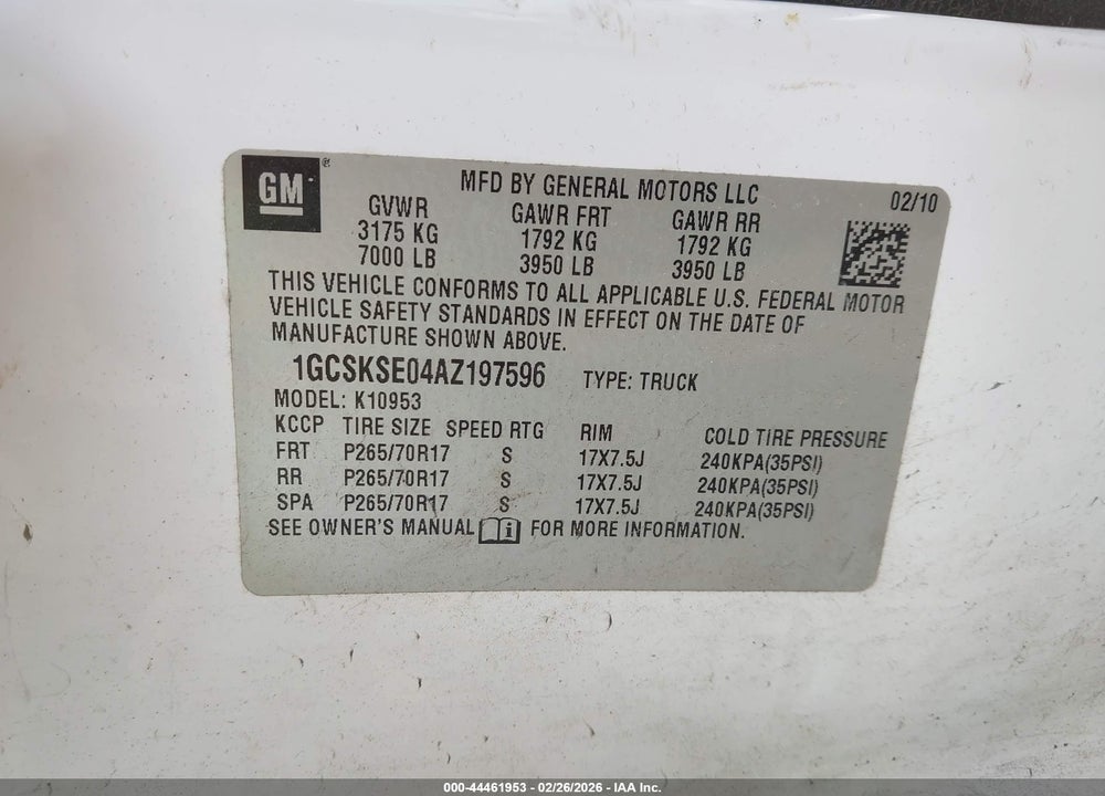 2010 CHEVROLET SILVERADO 1500 LT VIN: 1GCSKSE04AZ197596
