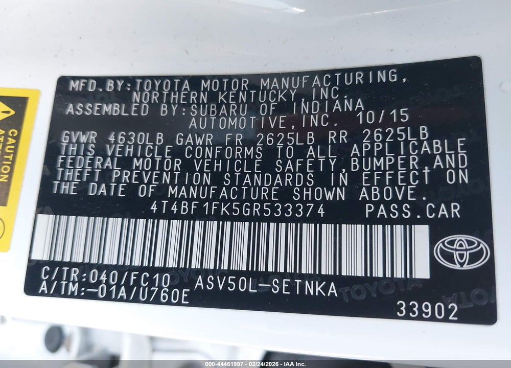 2016 TOYOTA CAMRY LE VIN: 4T4BF1FK5GR533374