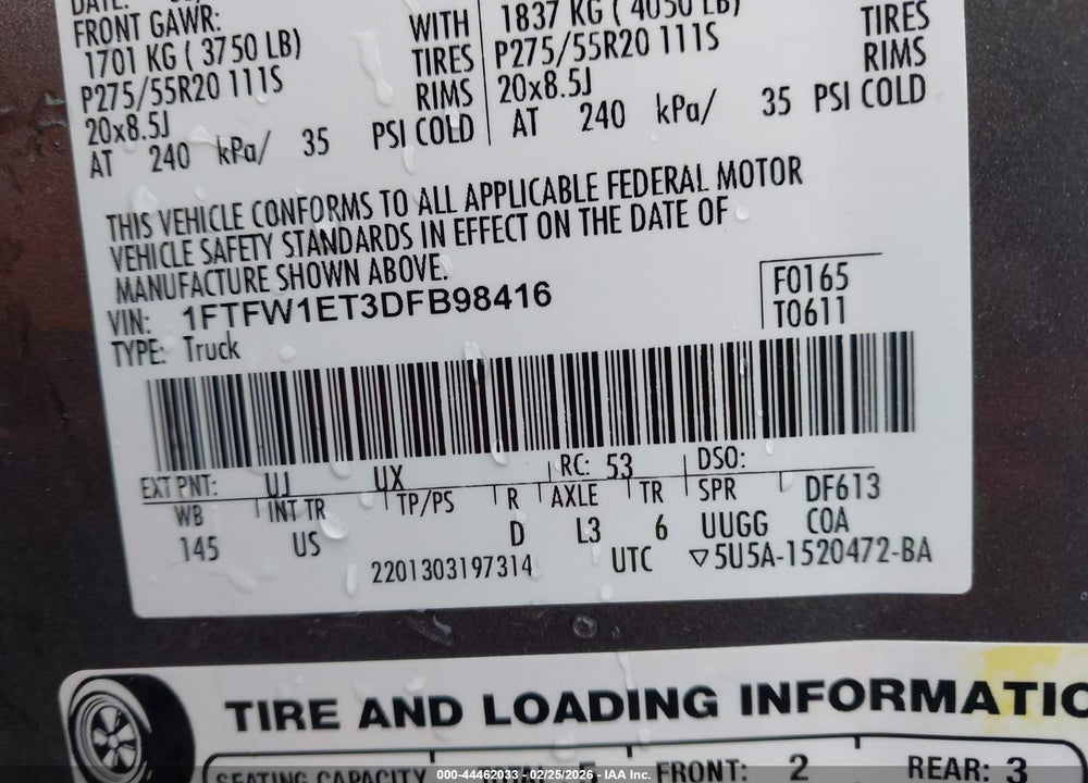 2013 FORD F-150 XLT VIN: 1FTFW1ET3DFB98416