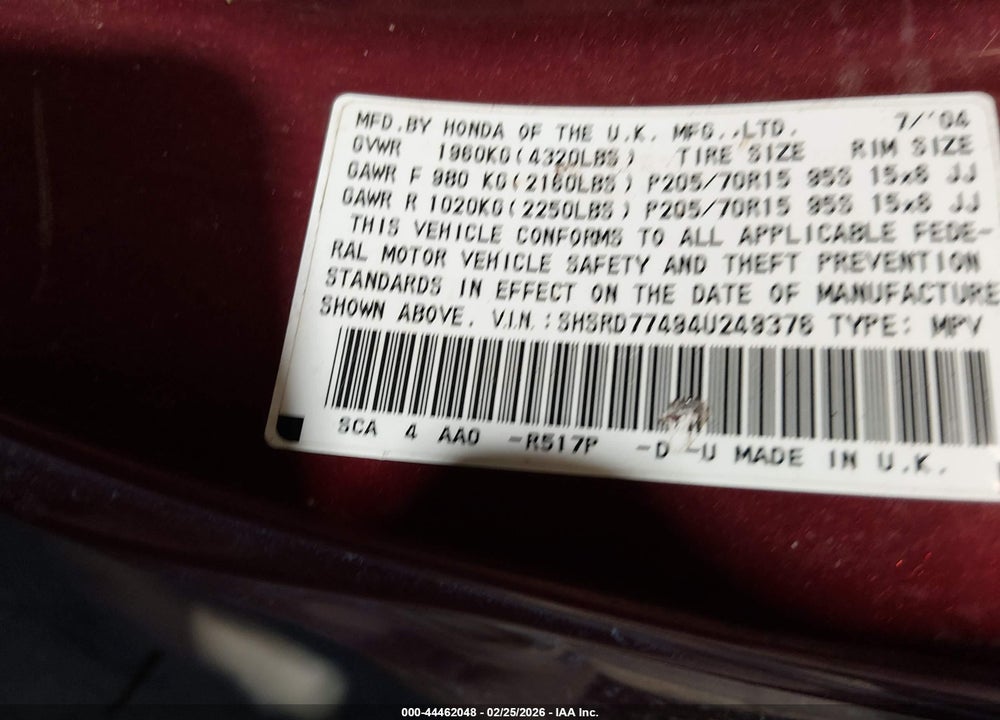 2004 HONDA CR-V LX VIN: SHSRD77494U249376