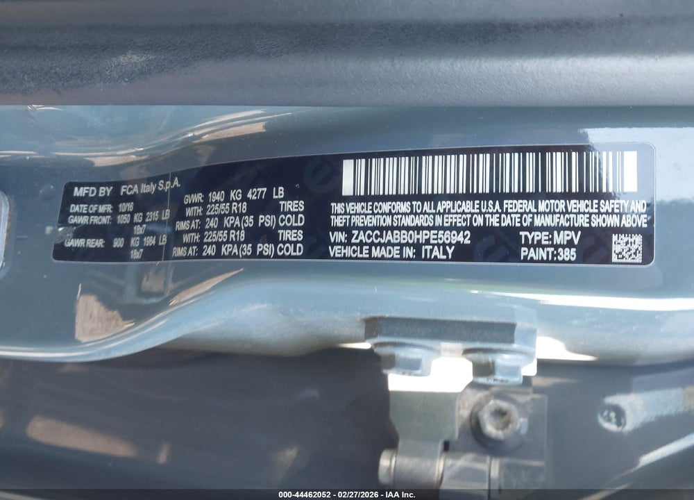 2017 JEEP RENEGADE ALTITUDE FWD VIN: ZACCJABB0HPE56942