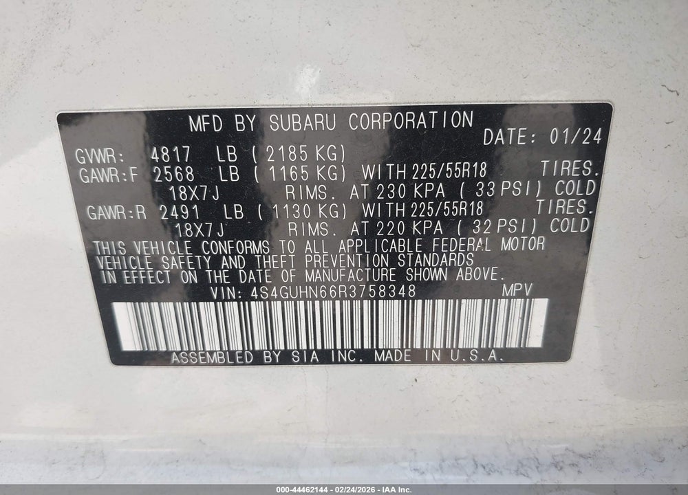 2024 SUBARU CROSSTREK LIMITED VIN: 4S4GUHN66R3758348
