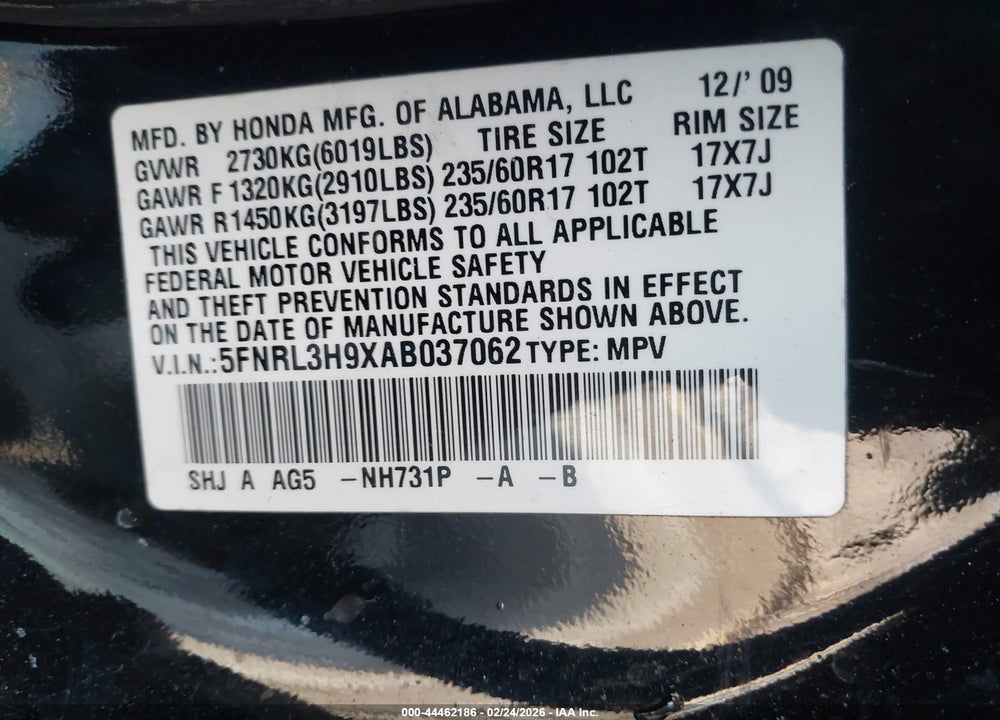 2010 HONDA ODYSSEY TOURING VIN: 5FNRL3H9XAB037062