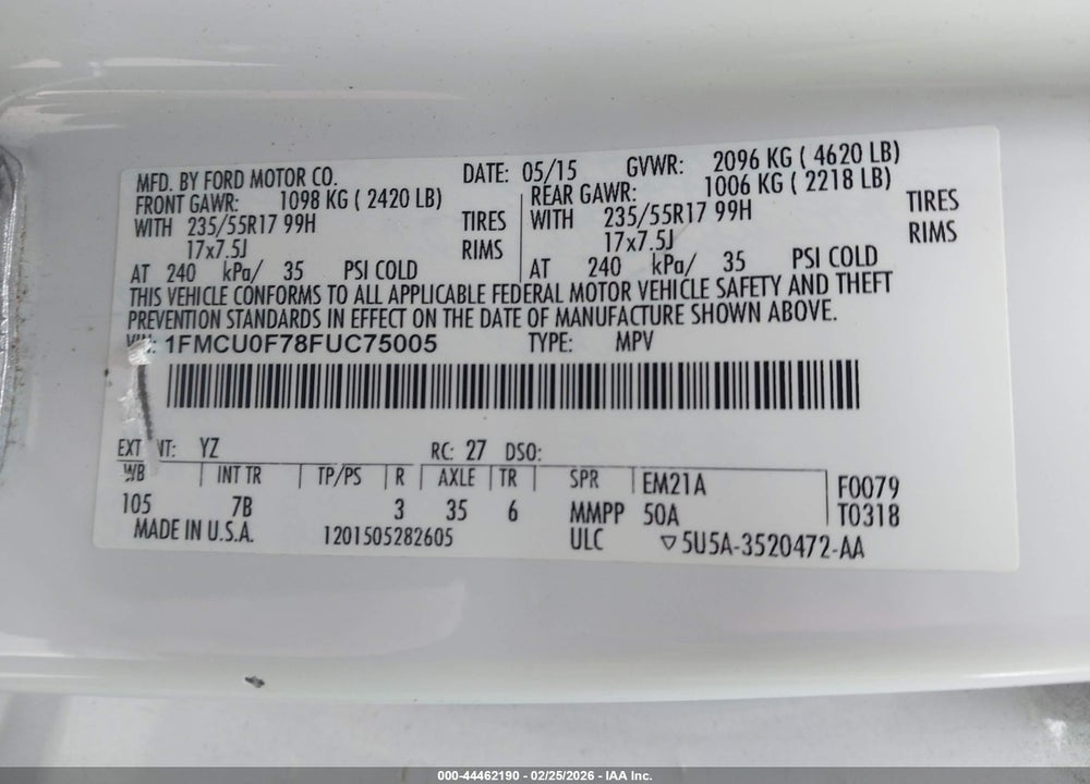 2015 FORD ESCAPE S VIN: 1FMCU0F78FUC75005