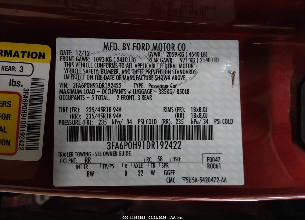 2013 FORD FUSION SE VIN: 3FA6P0H91DR192422