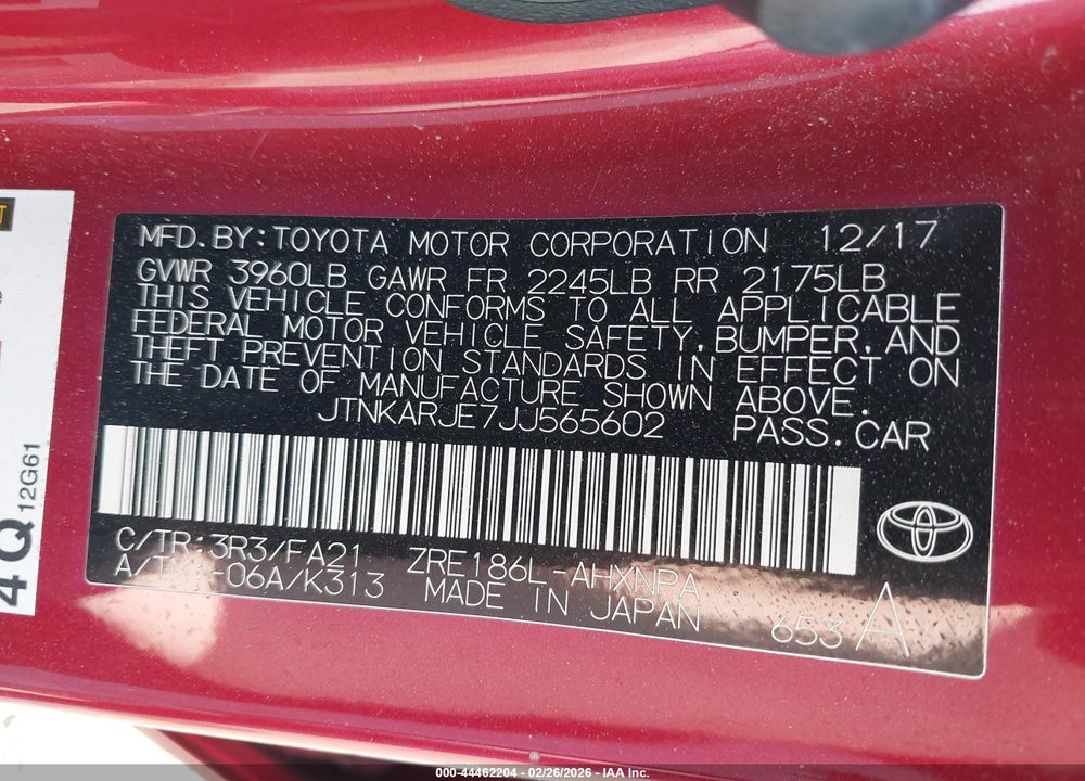 2018 TOYOTA COROLLA IM VIN: JTNKARJE7JJ565602