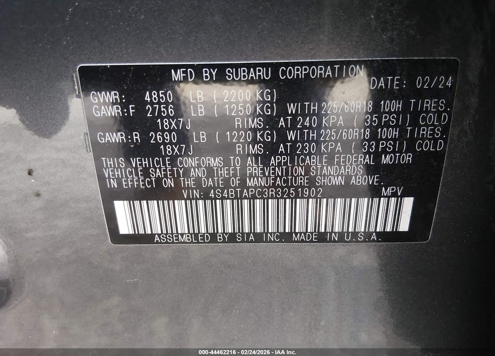 2024 SUBARU OUTBACK TOURING VIN: 4S4BTAPC3R3251902