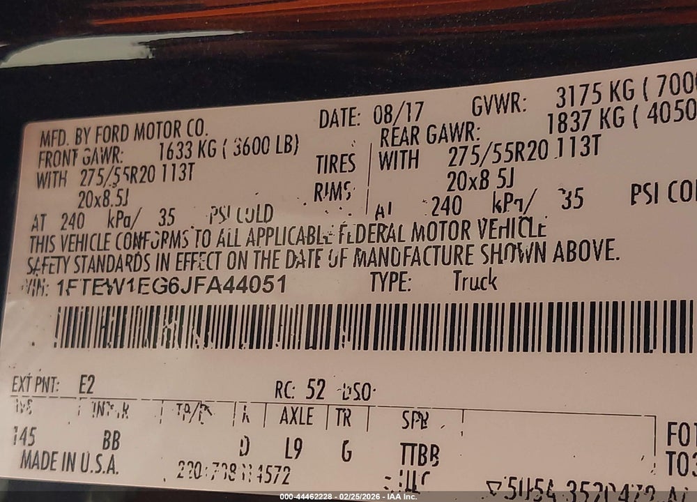 2018 FORD F-150 PLATINUM VIN: 1FTEW1EG6JFA44051