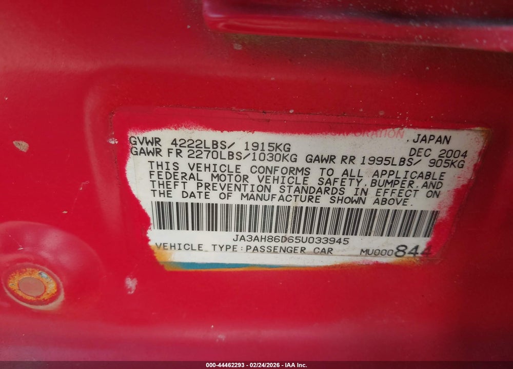 2005 MITSUBISHI LANCER EVOLUTION MR/VIII VIN: JA3AH86D65U033945