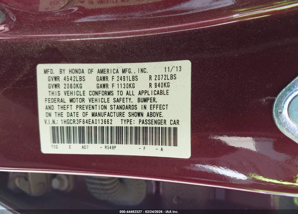 2014 HONDA ACCORD EX-L V-6 VIN: 1HGCR3F84EA013662