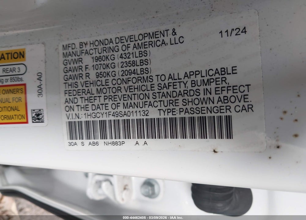 2025 HONDA ACCORD SE VIN: 1HGCY1F49SA011132