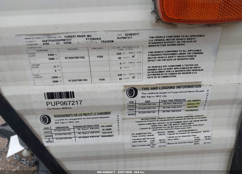 2017 PALOMINO PUMA 32BHKS VIN: 4X4TPUH22HP067217