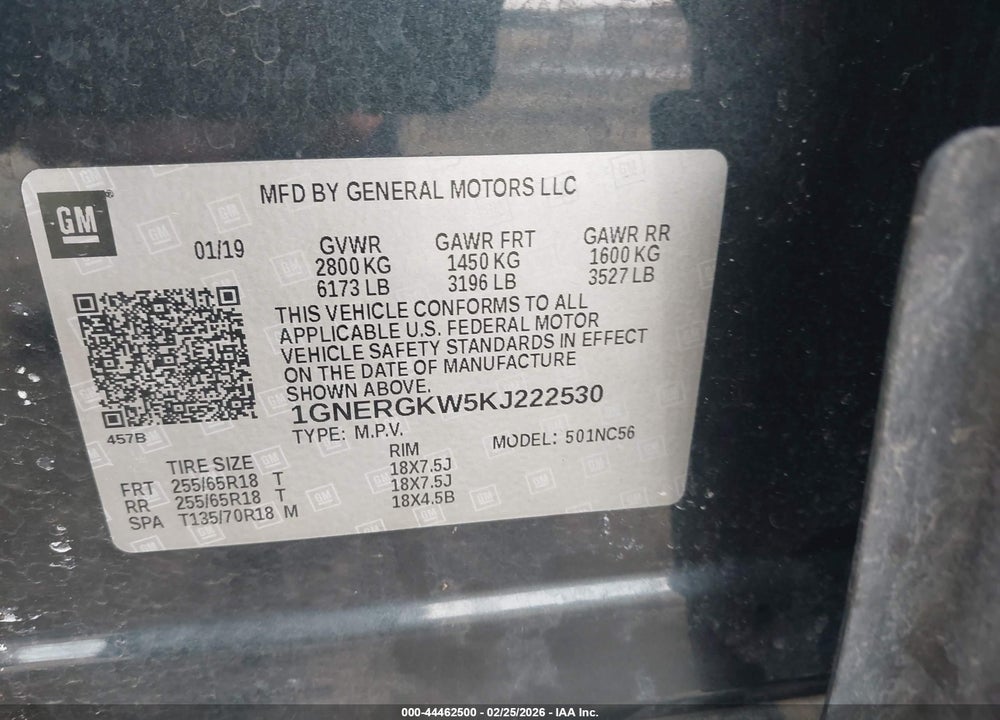 2019 CHEVROLET TRAVERSE 1LT VIN: 1GNERGKW5KJ222530