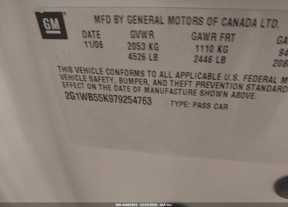 2007 CHEVROLET IMPALA LS VIN: 2G1WB55K979254763