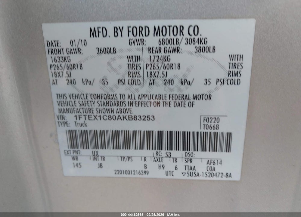 2010 FORD F-150 FX2 SPORT/STX/XL/XLT VIN: 1FTEX1C80AKB83253