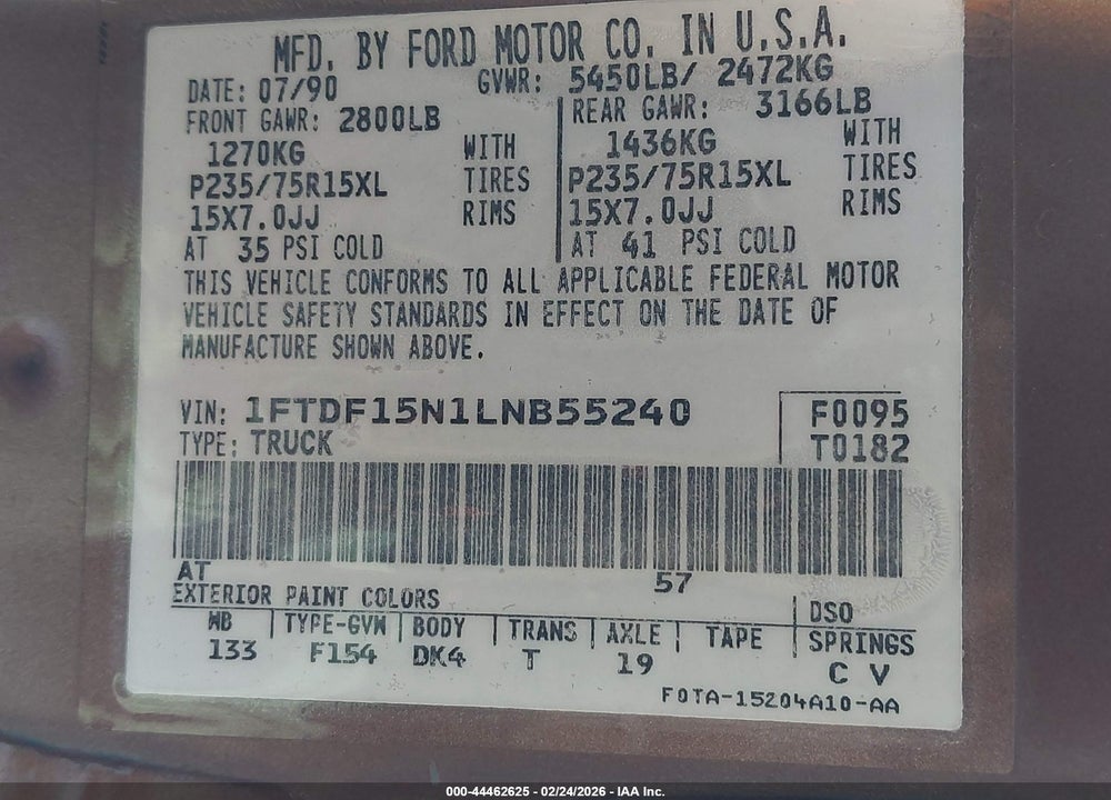 1990 FORD F150 VIN: 1FTDF15N1LNB55240