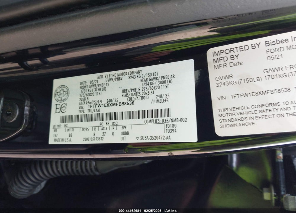2021 FORD F-150 PLATINUM VIN: 1FTFW1E8XMFB58538