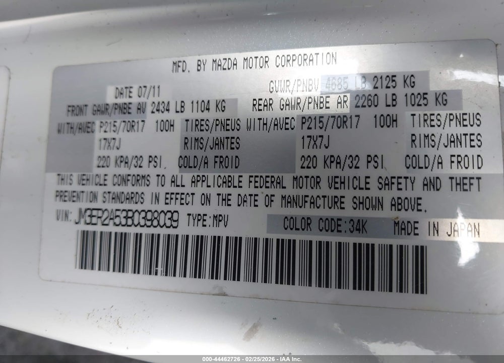 2011 MAZDA CX-7 I SV VIN: JM3ER2A53B0398039