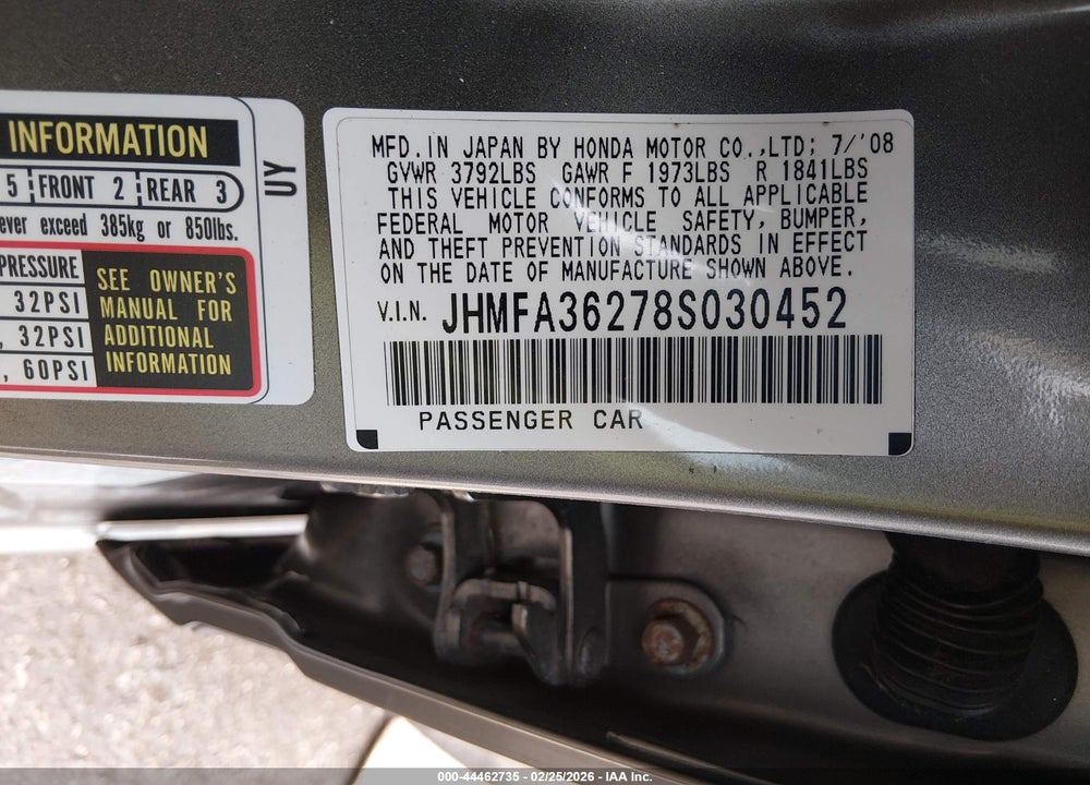 2008 HONDA CIVIC HYBRID VIN: JHMFA36278S030452