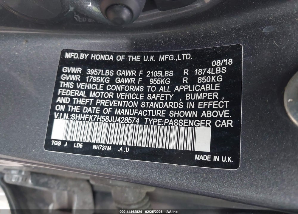 2018 HONDA CIVIC EX VIN: SHHFK7H58JU428574