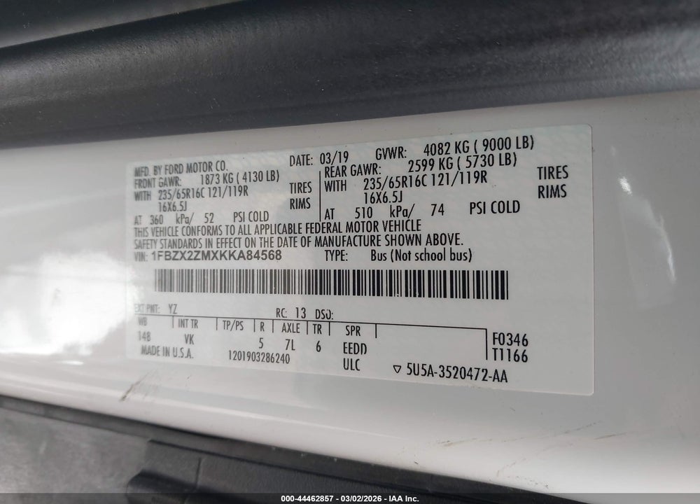 2019 FORD TRANSIT-350 XL VIN: 1FBZX2ZMXKKA84568