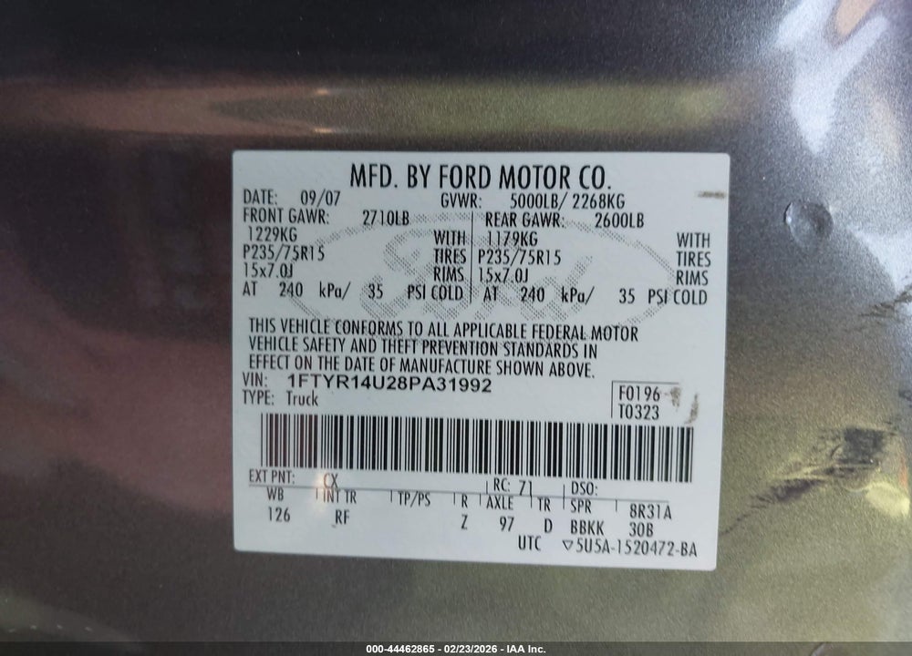 2008 FORD RANGER SPORT/XL/XLT VIN: 1FTYR14U28PA31992