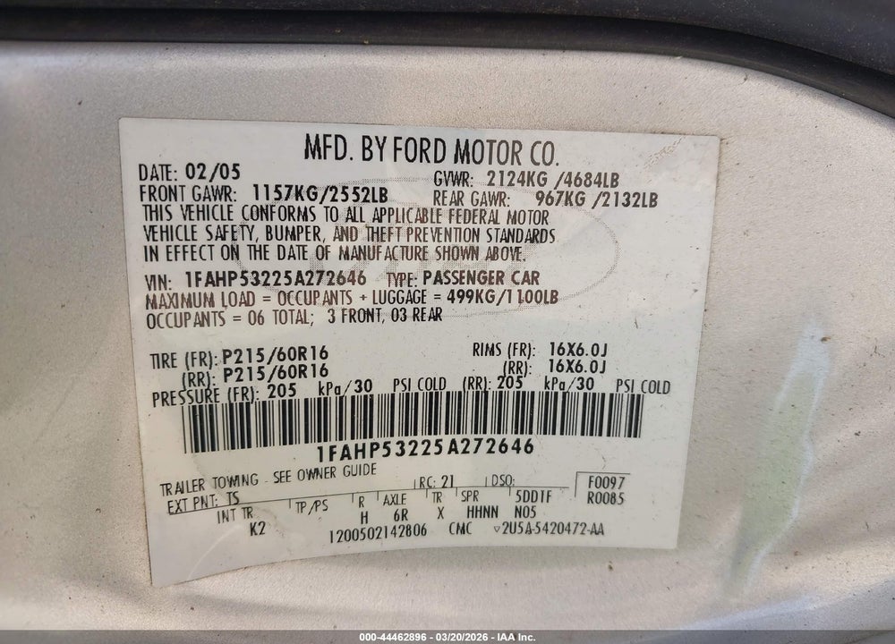 2005 FORD TAURUS SE VIN: 1FAHP53225A272646